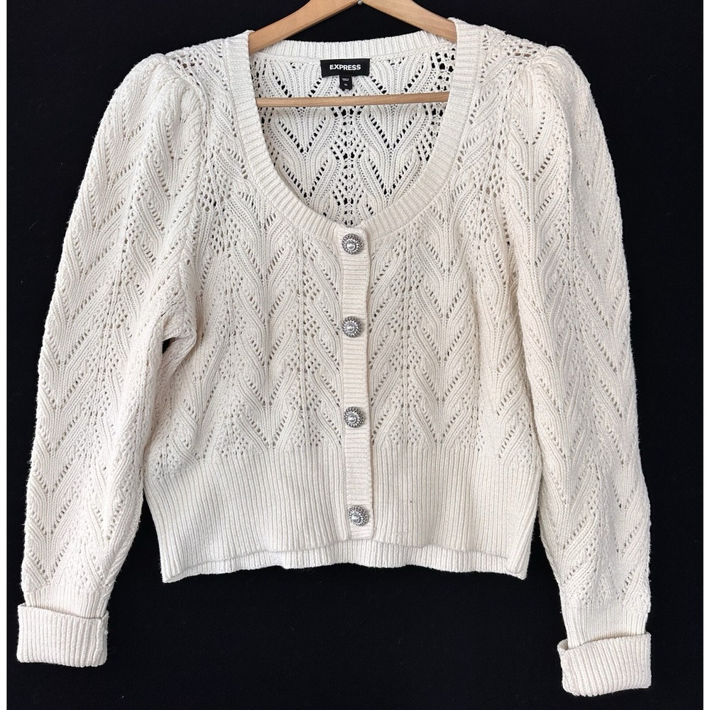 Express Sweater Cottagecore Rhinestone Button Womens XL Ivory Excellent
